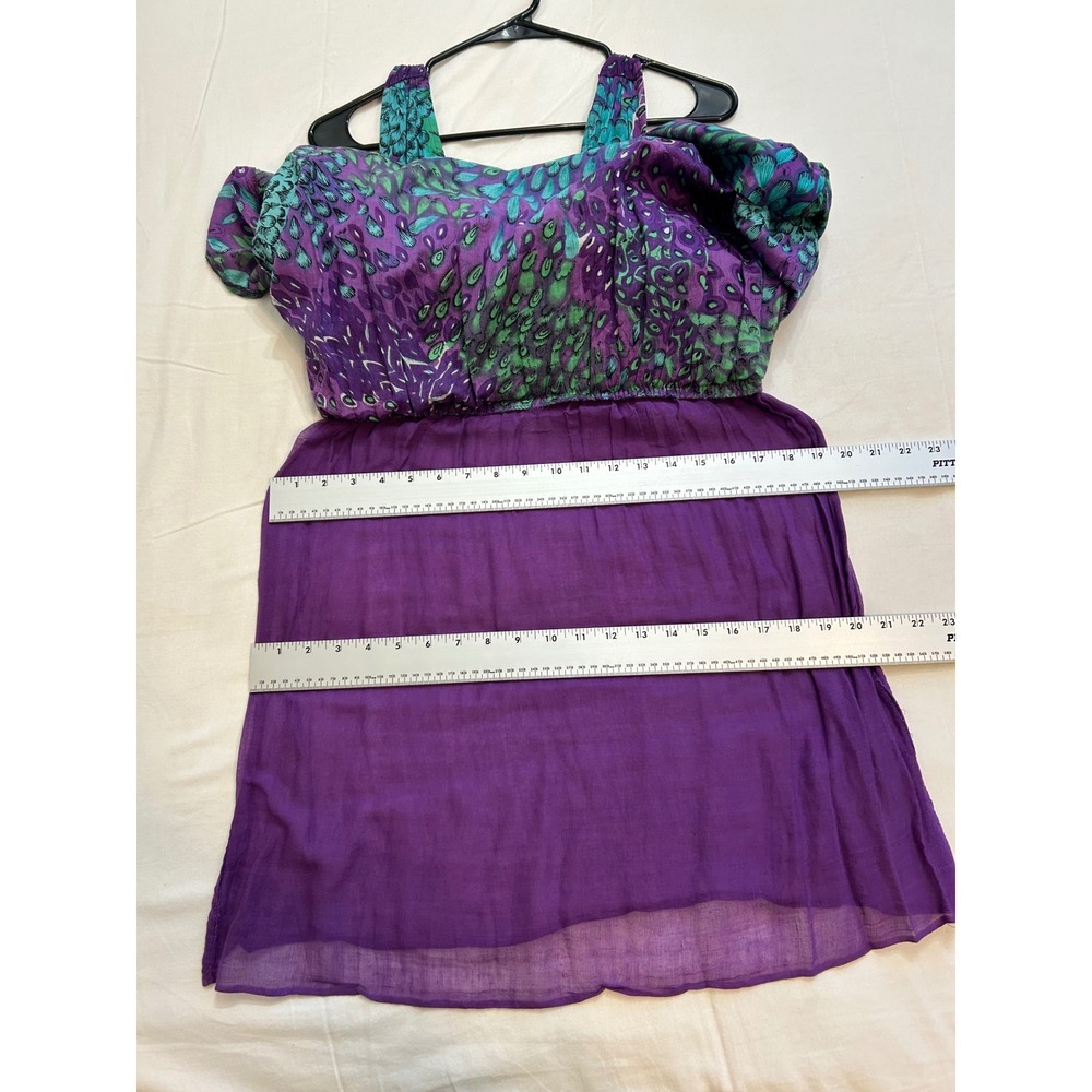 Fairycore Hippie Boho Womens Purple Teal Peacock Cotton Smocked Waist Dress S/M - Picture 7 of 7